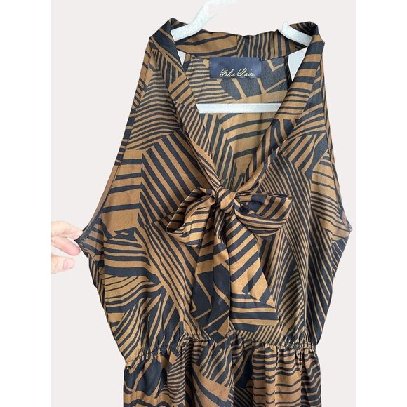Blue Rain Chiffon Bow Tie Animal Print Elastic Waist Dress Black Brown L - Picture 2 of 6